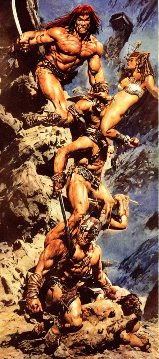 Image similar to Conan the barbarian rescuing damsel in distress by Frank Frazetta