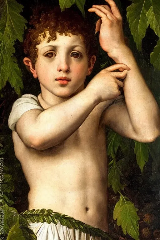 Image similar to renaissance painting of young boy in the garden, closeup, short hair, interest face, emotions closeup, dressed in roman armour, the beautiful garden with birch leaves everywhere, ultra detailed, art by Guido Reni style, Vincenzo Catena style