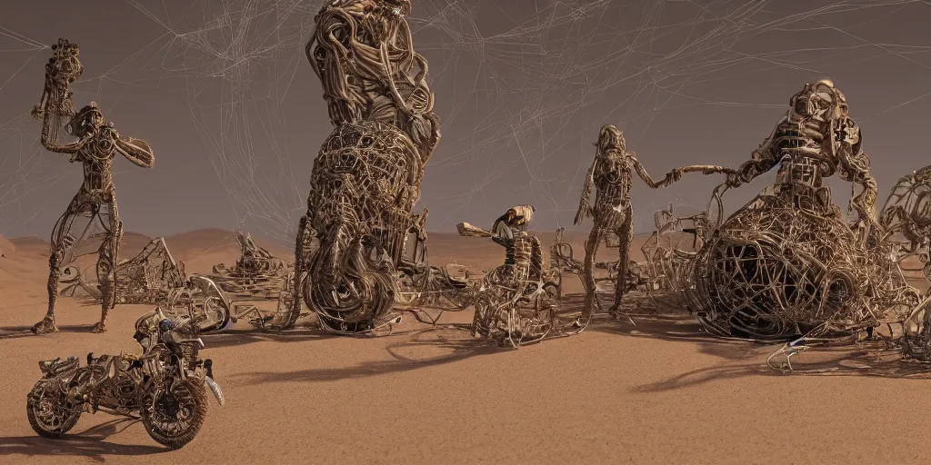 Image similar to A George Miller film shot, an ornate real characters made out of intricate metallic filament webs with cutaways to see into the Endocrine system built out of dust and light, floating in the desert night, photo-realism, very detailed feel, rendered in Octane, tiny points of light, caustic, 4k, beautiful lighting, backlit