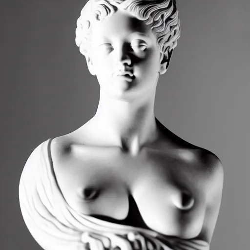 Image similar to rihanna portrait, ancient greek sculpture, white marble, ultra realistic, studio photo, 5 0 mm, bokeh.