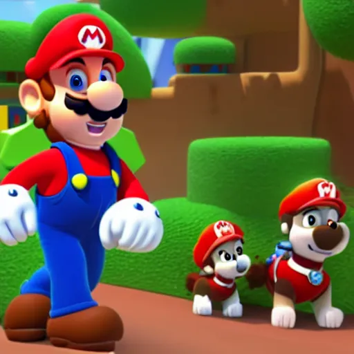 Image similar to a still of mario in paw patrol, cgi, detailed,