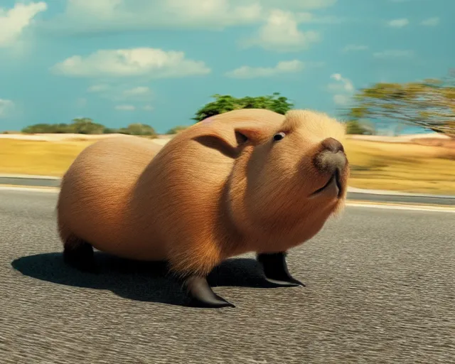 Prompt: capybara speeding in a convertible, octane render, photorealism, cgsociety