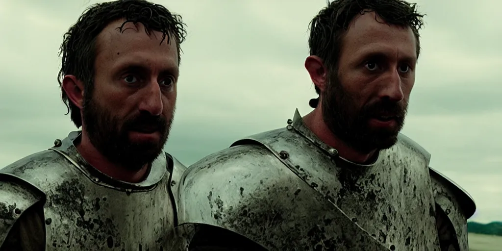 Image similar to film still of closeup a one knight stands on knee with a bloody heart in his hand by emmanuel lubezki