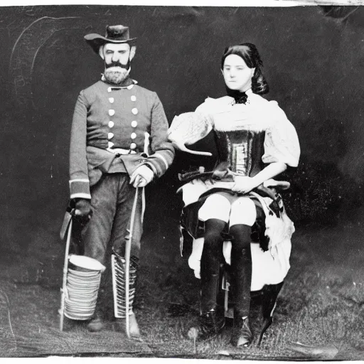 Prompt: vintage photo of a union soldier and his anime catgirl wife