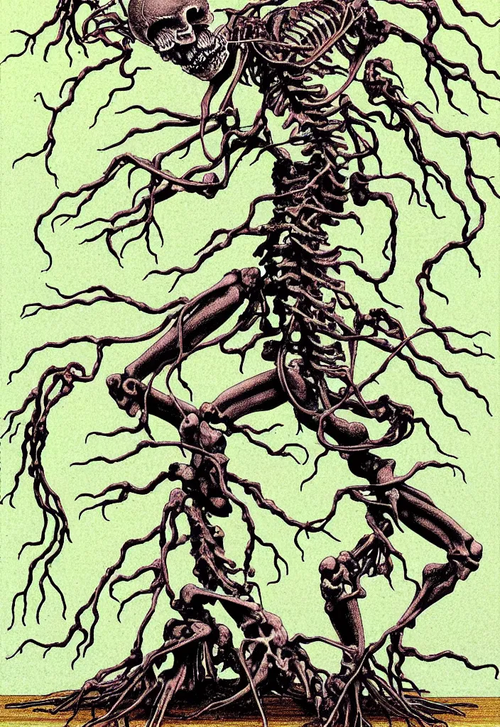 Image similar to prompt: anatomy dissection drawing skeleton Bonsai tree squid creature roots merging into big moon drawn by Takato Yamamoto, bonsai skeleton anatomy atlas, veins and organs attached to tree roots, alchemical objects inspired by 1980's sci-ci, old experimentation cabinet, intricate oil painting detail, manga 1980