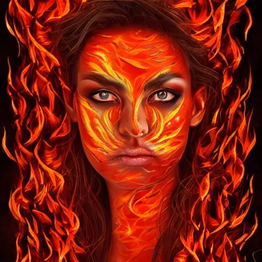 Image similar to artistic drawing of beautiful female face, made entirely from painted flames, made entirely from painted flames, made entirely from painted flames, made entirely from painted flames, made entirely from painted flames, trending on Artstation