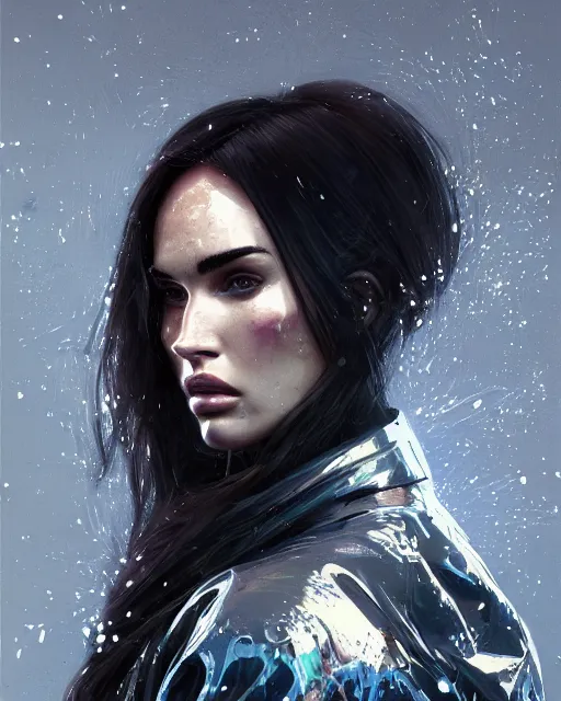 Prompt: detailed side profile portrait Neon Megan Fox, cyberpunk futuristic neon, reflective puffy coat, decorated with traditional Japanese ornaments by Ismail inceoglu dragan bibin hans thoma greg rutkowski Alexandros Pyromallis Nekro Rene Maritte Illustrated, Perfect face, fine details, realistic shaded, fine-face, pretty face