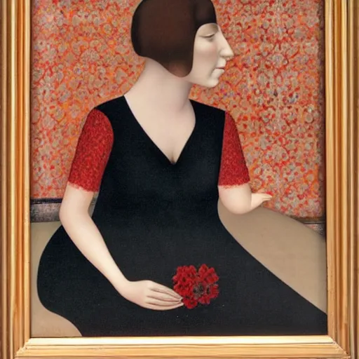 Image similar to a middle aged woman in a red dress, by christian schad