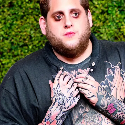 Prompt: Jonah Hill covered in tattoos