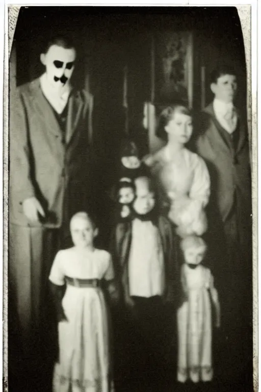 Image similar to an unsettling old family photograph, anxious people standing in a large haunted house, phantom ghosts in the background, cinematic, horror, photorealistic, vintage,