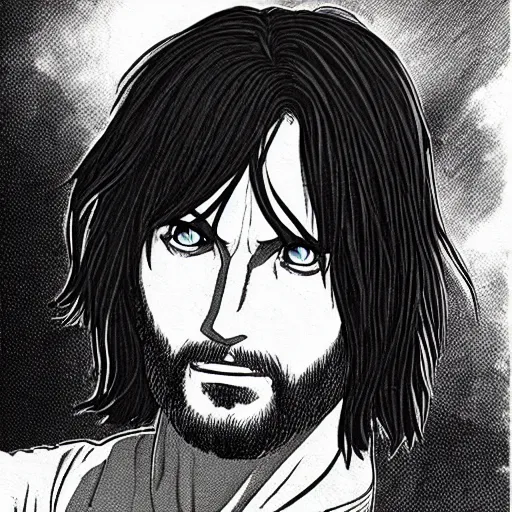 Image similar to aragorn from the anime lord of the rings (1986), looking serious, some beard, studio ghibli, very detailed, realistic