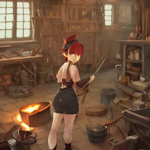 Prompt: a full body portrait of the short and fiery blacksmith Guinea pig with a beard at her forge, blacksmith's outfit, inside building, makoto shinkai, james gilleard, very detailed, matte, gaussian blur, tone mapped, Akihiko Yoshida.