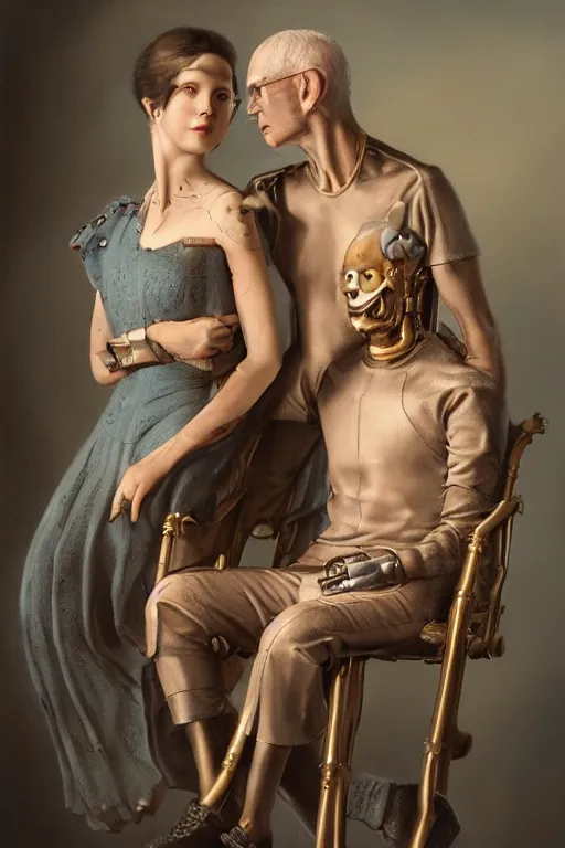 Image similar to a beautiful ultradetailed fine art old vintage couples portrait photo of cyborgs sitting on a chair and standing, by tom bagshaw and zach sutton, couples portrait, vignette, 35mm lens, golden ratio composition, studio photography, very detailed, humanoids, artstation, 8k, highly coherent