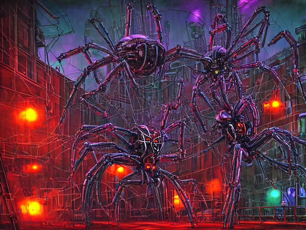 Prompt: a giant spider robot in front of a massive colorful industrial plant, biomechanical, biopunk, nighttime, dark, gloomy, hazy, neon signs, neon, spotlights, oil spills, vignette, art by hr giger, digital art