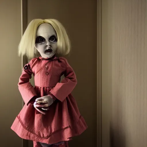 Image similar to evil creepy female killer doll standing in the room