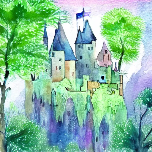 Prompt: castle suspended in the sky, covered in plants and trees, watercolor art, soft colors, low saturation, high luminosity, pastel palette