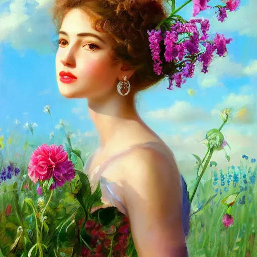 Image similar to a portrait of a romantic woman with flowers grow out of hair, roses peonies forget-me-nots dahlias lupins gladioli, sky theme in background, by Alexandr Averin, Digital Art, Trending on artstation