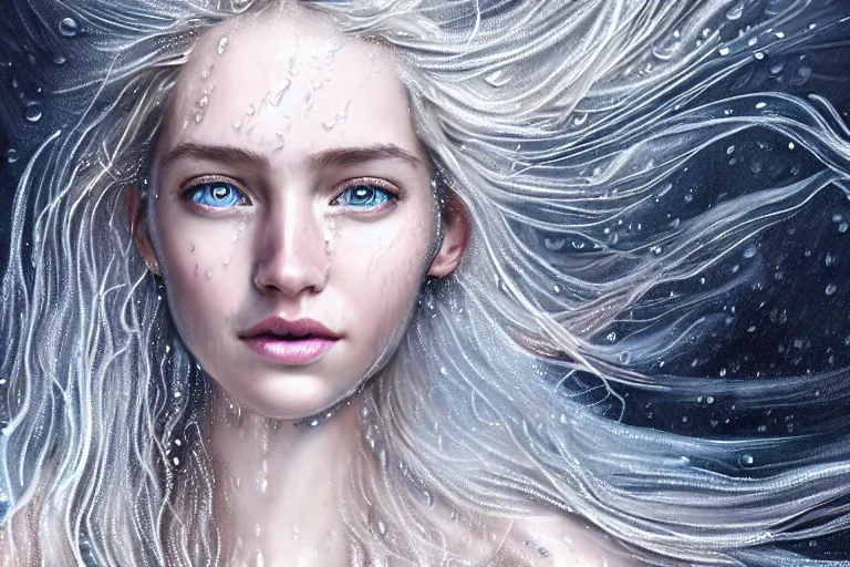 Prompt: highly detailed portrait of a Elsa running in rain with wet hair and pale face, swirling wispy tendrils, bright scattered particles, fantasy, intricate, elegant, dramatic lighting, emotionally evoking symbolic metaphor, highly detailed, lifelike, photorealistic, digital painting, artstation, concept art, smooth, sharp focus, illustration, art by John Collier and Albert Aublet and Krenz Cushart and Artem Demura and Alphonse Mucha