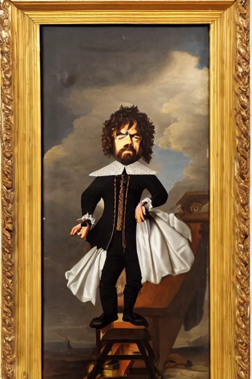 Prompt: a 1 6 0 0 s framed portrait painting of peter dinklage standing on a step stool, intricate, elegant, highly detailed