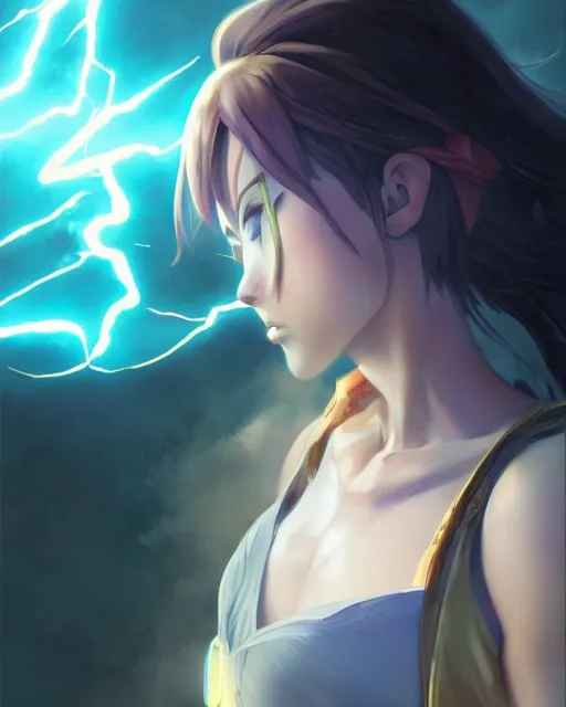 Image similar to the goddess of lightning, full shot, atmospheric lighting, detailed face, one piece style, by makoto shinkai, stanley artgerm lau, wlop, rossdraws