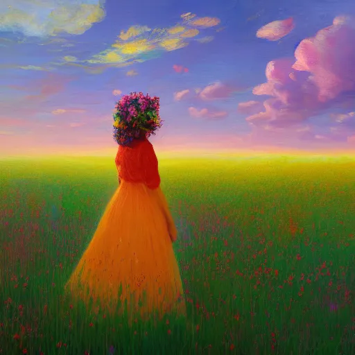 Image similar to woman with a flower face standing in flower field, surreal painting, sunrise, impressionism, colorful clouds, artstation, simon stalenhag