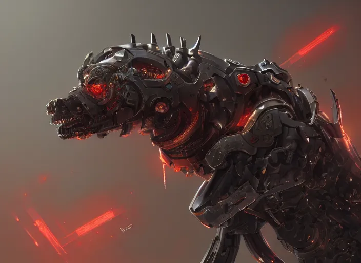 Prompt: high intricate medium shot of a cyborg hellhound, maria panfilova, andrea savchenko, mike kime, ludovic plouffe, qi sheng luo, oliver cook, makoto shinkai, trending on artstation