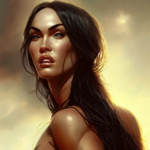 Image similar to portrait of megan fox, muscular upper body, bikini, fantasy, intricate, elegant, highly detailed, digital painting, artstation, concept art, matte, sharp focus, illustration, art by aenaluck and roberto ferri and greg rutkowski, epic fantasy, digital painting