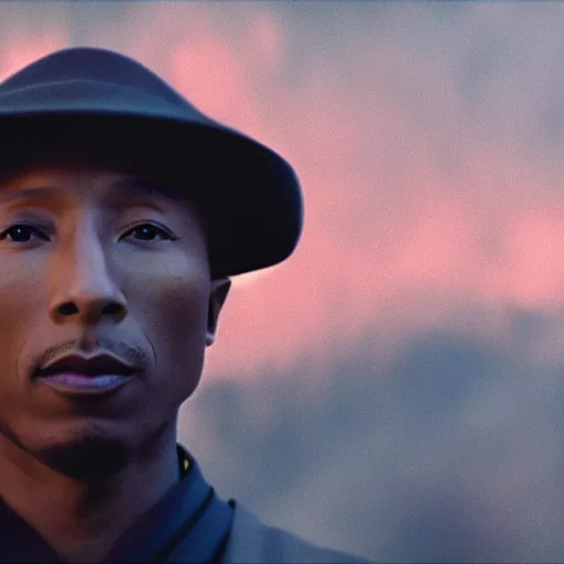 Image similar to cinematic film still Pharrell Williams starring as a Samurai holding fire, Japanese CGI, VFX, 2003, 40mm lens, shallow depth of field,film photography