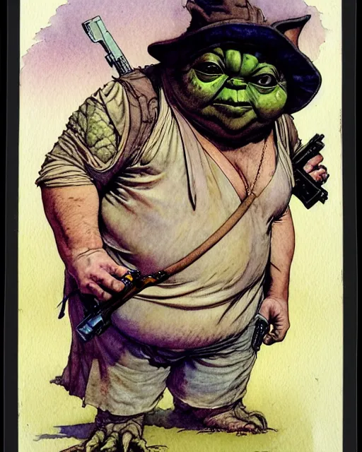 Image similar to a realistic and atmospheric watercolour fantasy character concept art portrait of a fat adorable dirty chibi yoda wearing a wife beater and holding a handgun, by rebecca guay, michael kaluta, charles vess and jean moebius giraud