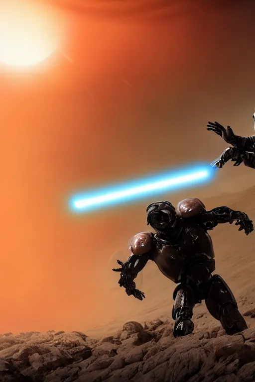 Prompt: cinematic shot of sith lord danny davito fighting solid snake in a mech suit on a barren dead planet with a solar eclipse in the sky, epic, photo - realistic, 8 k, artistic photography, by elisabetta furlanetto trending on artstation