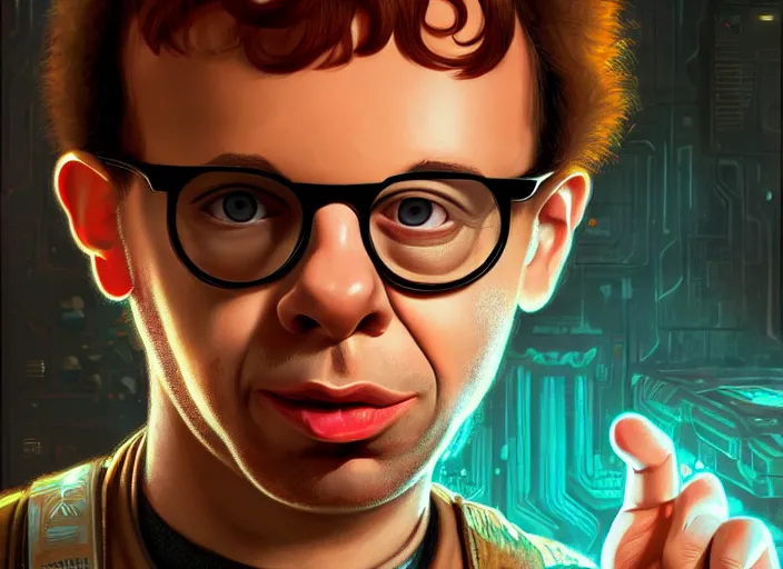 Image similar to young rick moranis with brown hair and a brown goatee beard in the fifth element, far future, highly detailed, trending on artstation, intricate, cinematic composition, by rutkowski