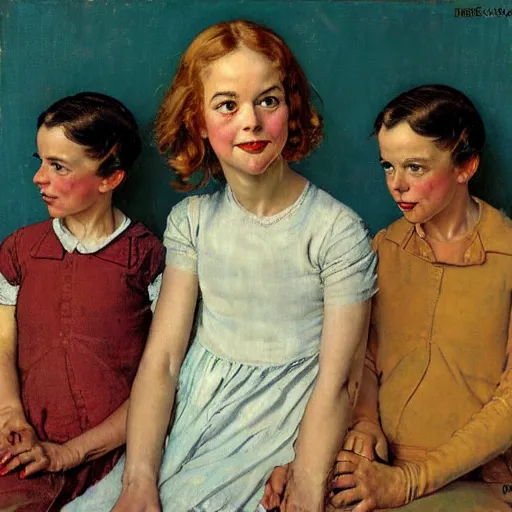 Prompt: Frontal portrait of three Emma Stones. A painting by Norman Rockwell.