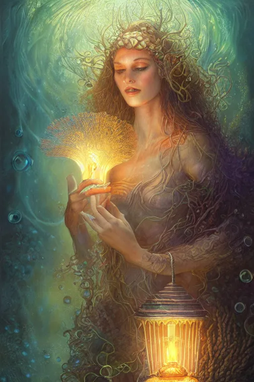 Image similar to a stunning ultra detailed underwater fantasy illustration of a goddess holding a glowing lamp, overgrown with colorful coral, by tomasz alen kopera and tom bagshaw, water bubbles, very detailed, deep depth of field, 5 0 mm lens, soft lighting, artstation, highly coherent, 8 k