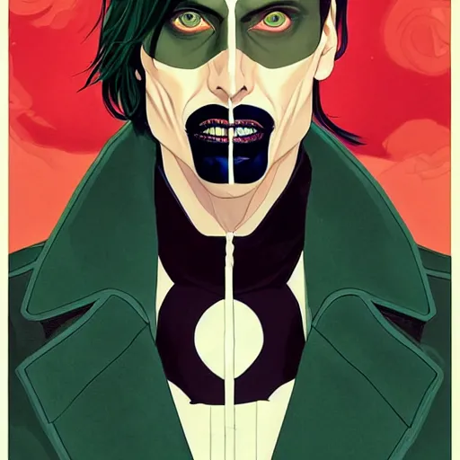 Prompt: Joshua Middleton comic art, wide shot, handsome elegant male Mads Mikkelson, spy, kabuki mask, beautiful evil sneer, symmetrical face, symmetrical eyes, leather clothing and boots, long straight green black hair, full body, Indigo occult pattern