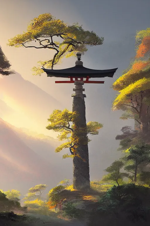 Prompt: a gaint traditional Japanese Torii in a colorful moutain with trees ,morning , by Grzegorz Rutkowski, concept art