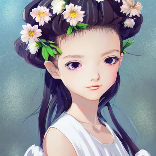 Prompt: little girl with flowers in hair wearing an white dress. art by ilya kuvshinov, profile picture, inspired in hirohiko araki, realistic, highly detailed, 8 0 s anime art style