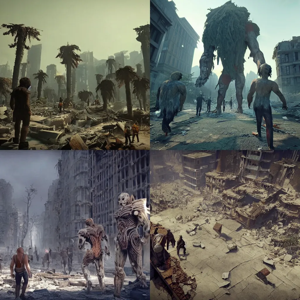 Prompt: human-like giants walking in a destroyed city, unreal engine, creepy