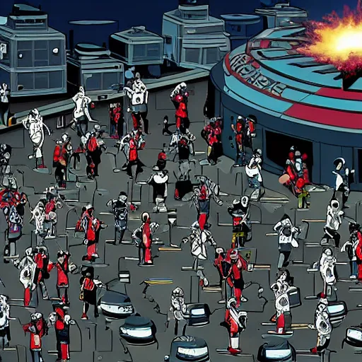 Image similar to Where's Waldo, on a futuristic robot battlefield