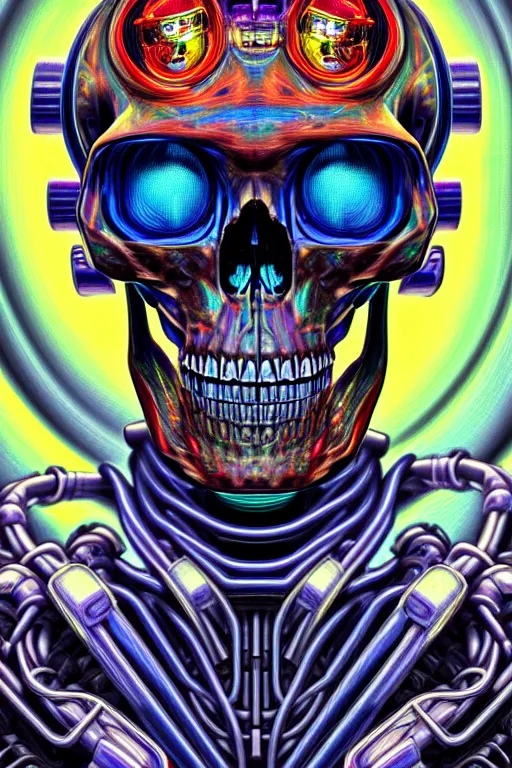 Prompt: maximalist detailed scifi robot skull portrait. lowbrow scifi artwork by kidsquidy and binx. ly. ray tracing hdr polished sharp in visionary psychedelic fineart style inspired by alex grey and cameron gray