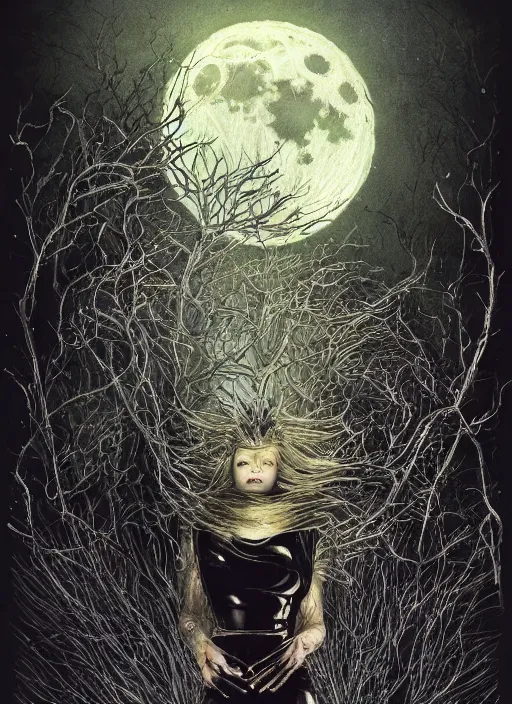 Image similar to glowing silver and golden elements, full close-up portrait, A beautiful dark witch in front of the full big moon, book cover, green forest, red white black colors, establishing shot, extremly high detail, foto realistic, cinematic lighting, pen and ink, intricate line drawings, by Yoshitaka Amano, Ruan Jia, Kentaro Miura, Artgerm, post processed, concept art, artstation, matte painting, style by eddie, raphael lacoste, alex ross