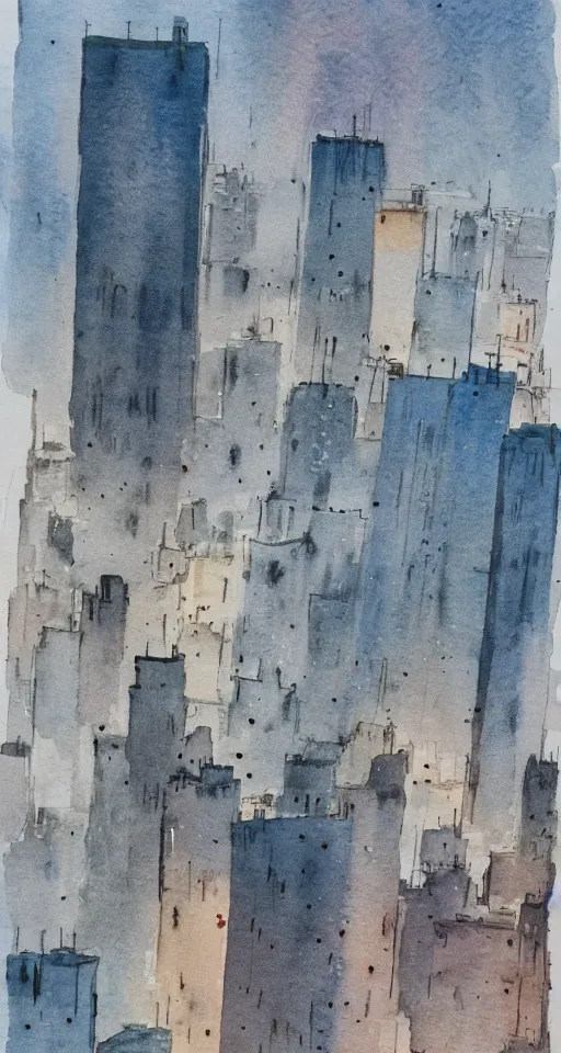 Prompt: looking upon a dying city, watercolor,