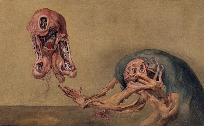 Image similar to a teratoma in the middle of a museum room realizing that he has consciousness his misshapen face expresses horror painted by edward hooper and goya and francis bacon