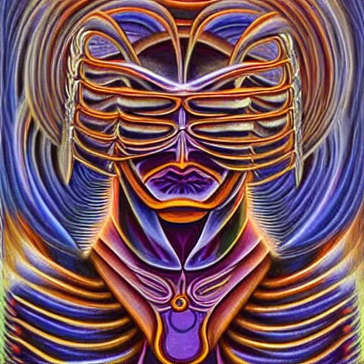 Image similar to enlightened biomechanical a. i, oil painting by alex grey