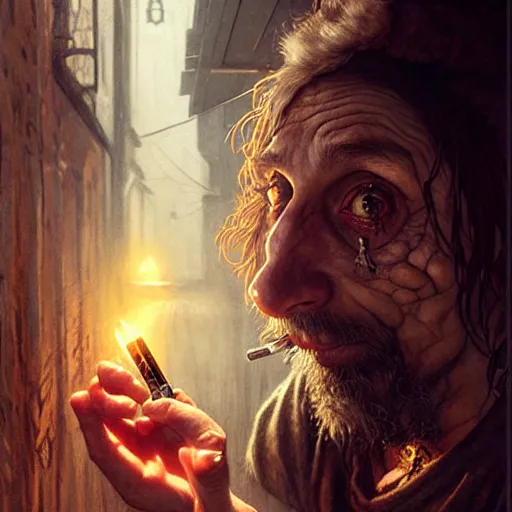 Image similar to Drug addict hobbit with crazy eyes smoking in a dark alley, ultra realistic, concept art, intricate details, dark, highly detailed, photorealistic, octane render, 8k, unreal engine, art by artgerm and greg rutkowski and alphonse mucha