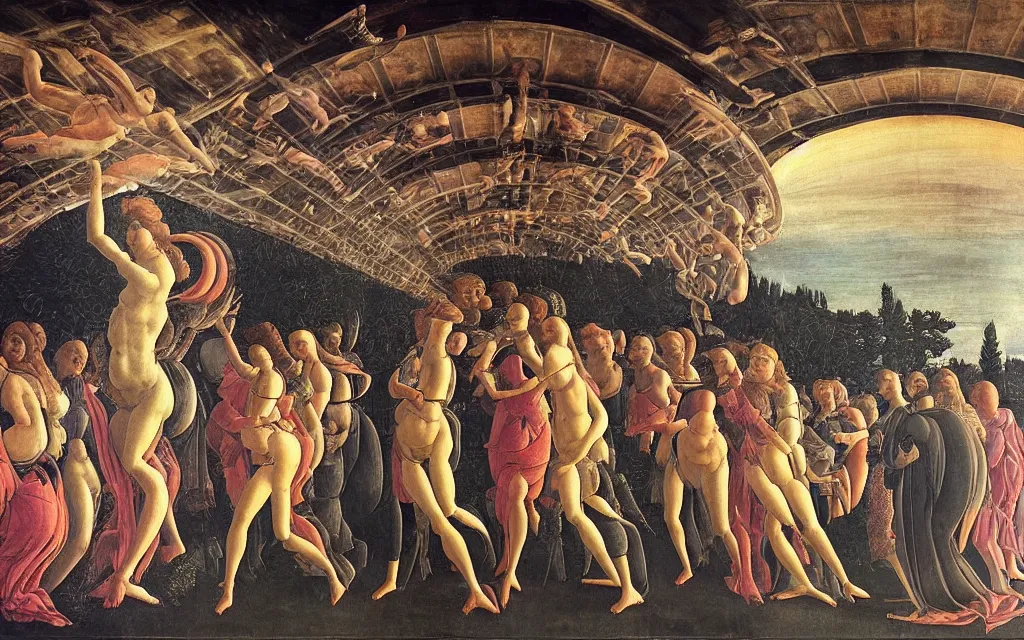 Image similar to sandro botticelli. very soft, delicate light. venus but dancefloor in underground club. in the middle is a little platform, people dancing around it. disco lights. fog. colorful and moody. sun is already rising. detailed brush strokes. 6 am.