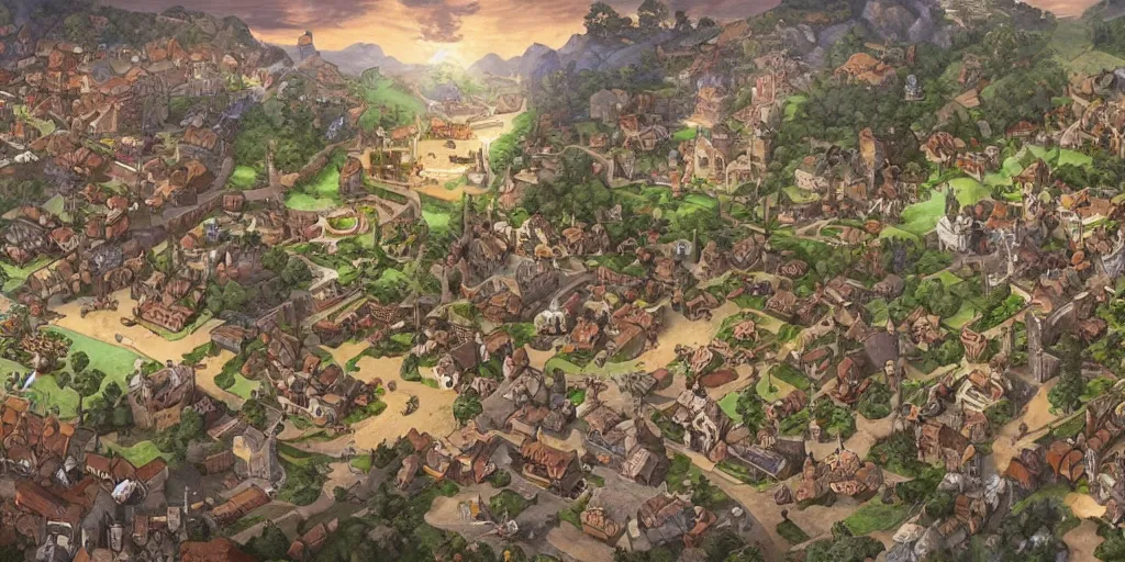 Prompt: medieval village overview in moving out game on nintendo switch. artwork by artgerm and mucha and norman lindsay