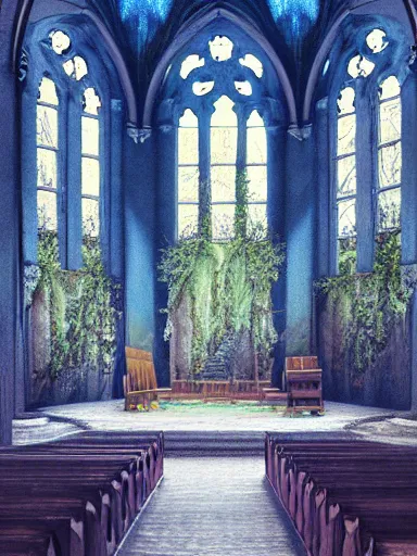 Prompt: interior of an overgrown church, blue color palette, concept art, detailed, intricate complexity, artstation