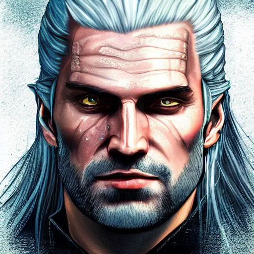 Prompt: portrait of witcher, highly detailed, centered, solid color background, digital painting