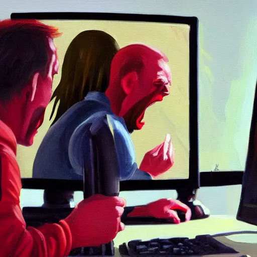 Prompt: an angry man yells at his computer monitor, oil on canvas, highly detailed