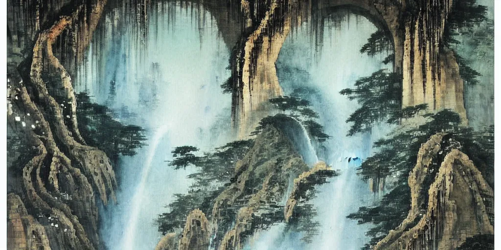 Prompt: “ large ancient gate to other world in the center of waterfall in chinese watercolor painting, oil painting, masterpiece, aesthetic ”